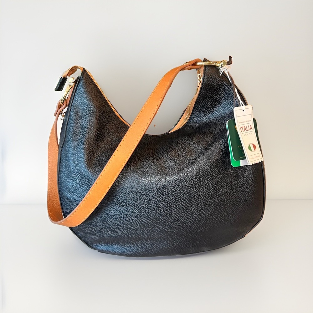 Valentina Made In Italy Genuine Leather Hobo Shoulder Bag Black NWT